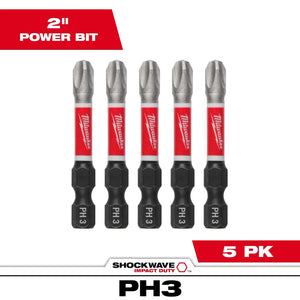 Milwaukee 48-32-4639 5PC SHOCKWAVE Impact Duty 2" Phillips #3 Power Bits