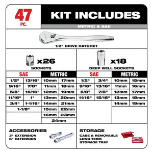 Milwaukee 48-22-9010 1/2" Drive SAE/Metric Ratchet & Socket Set 47PC (Blemished)