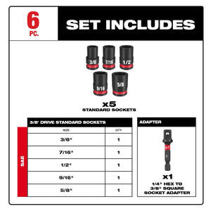 Milwaukee 49-66-7035 SHOCKWAVE 3/8"Drive SAE Standard 6Pt Impact Socket Set 6PC