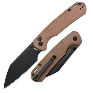 CJRB Pyrite-Light Button Lock Knife Brown FRN (3.3" Black PVD AR-SFII)
