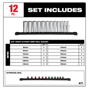 Milwaukee 48-22-9521 3/8 in. Drive Metric 12-Point Deep Well Socket Set 12PC