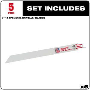 Milwaukee 48-00-5187 5PC 9" 14 TPI SAWZALL Blades