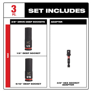 Milwaukee 49-66-4417 3PC Impact Duty 3/8" Drive SAE Deep 6 Point Socket Set