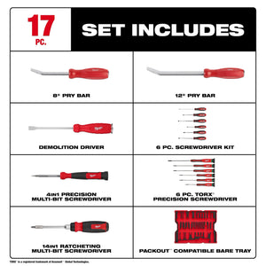 Milwaukee 48-22-0158 Screwdriver & Pry Bar Set w/ Tray for PACKOUT Drawers 17PC