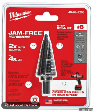 Milwaukee 48-89-9208 #8 Step Drill Bit, 1/2" - 1" by 1/16"