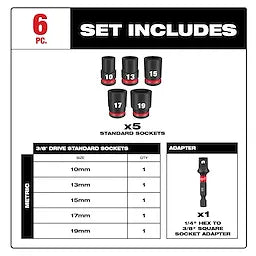 Milwaukee 49-66-7036 SHOCKWAVE 3/8"Drive M&S 6 Point Impact Socket Set 6PC