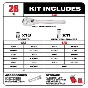 Milwaukee 48-22-9481 3/8” Drive 28pc Ratchet & Socket Set + Organizer - SAE
