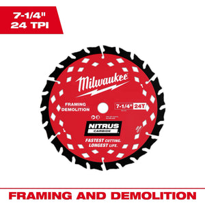 Milwaukee 48-40-0750 7-1/4” 24T Carbide Framing & Demolition Circular Saw Blade