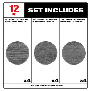 Milwaukee 48-80-6405 3" Assorted 80,120, & 180-Grit Mesh Sanding Discs 12PK