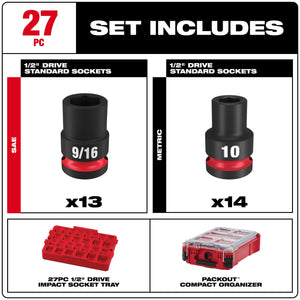 Milwaukee 49-66-6804 27PC Socket 1/2” Drive MM & SAE Set