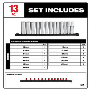 Milwaukee 48-22-9524 1/2 in. Drive Metric Deep Well 12-Point Socket Set 13PC