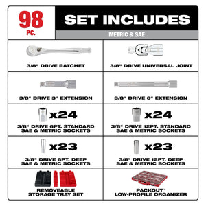 Milwaukee 48-22-9285 98pc 3/8" Drive 6Pt/12Pt Ratchet & Socket Set w/ PACKOUT