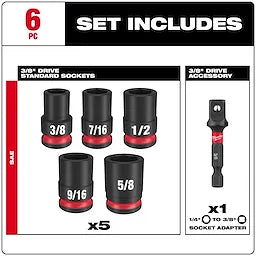 Milwaukee 49-66-7035 SHOCKWAVE 3/8"Drive SAE Standard 6Pt Impact Socket Set 6PC