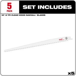 Milwaukee 48-00-5017 5PC 12" 6 TPI Fleam Ground SAWZALL Blades