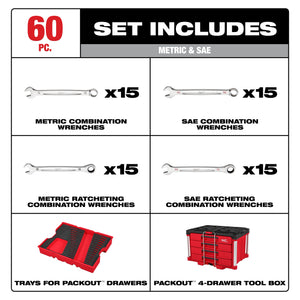 Milwaukee 48-22-9492 60PC SAE & Metric Wrench Set w/ PACKOUT 4 Drawer Tool Box