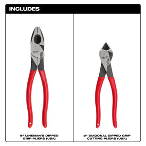 Milwaukee MT500-2 9" Lineman & 8" Diagonal Dipped Grip Plier Set 2PC