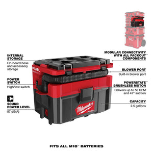 Milwaukee 0970-20 M18 FUEL PACKOUT Cordless 2.5 Gal. Wet/Dry Vacuum (Open Box)