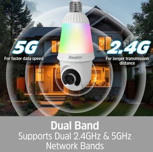 Energizer EOP1-1005-WHT Smart 5GHz 2K Quad HD WiFi 1000 Lumens Light Bulb P/T Security Camera, White