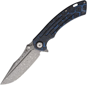 Kansept Knives Pretatout Liner Lock Knife Blue Rose Pattern CF (3.6" Damascus)