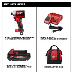 Milwaukee 2850-21P M18 1/4" Impact Driver Kit w/ 2.0 Battery, Charger & Bag