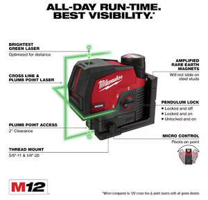 Milwaukee 3622-21 M12™ Green Cross Line & Plumb Points Laser Kit (Open Box)