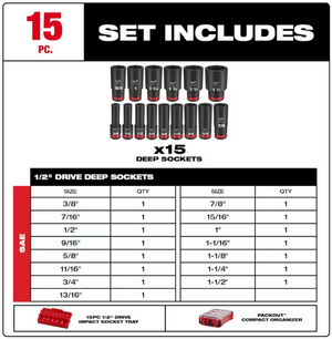 Milwaukee 49-66-6802 SHOCKWAVE Impact Duty Socket 1/2” Dr 15PC SAE PACKOUT Set