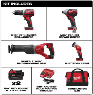 Milwaukee 2696-24CXH M18 Cordless LITHIUM-ION 4-Tool Combo Kit