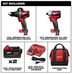 Milwaukee 2893-22 M18 Brushless 2-Tool Combo Kit, Hammer Drill/ 3-Speed Impact