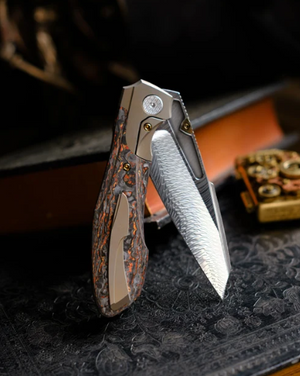 Null Knives, Voodoo-Phoenix Wing Technocarbo / Damasteel, Titanium Beadblast Gold, Fafnir Damasteel, (Serialized #16 of 25)