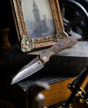 Null Knives, Voodoo-Phoenix Wing Technocarbo / Damasteel, Titanium Beadblast Gold, Fafnir Damasteel, (Serialized #16 of 25)