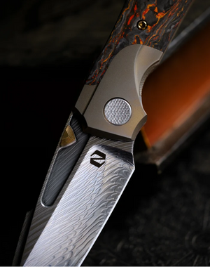 Null Knives, Voodoo-Phoenix Wing Technocarbo / Damasteel, Titanium Beadblast Gold, Fafnir Damasteel, (Serialized #16 of 25)