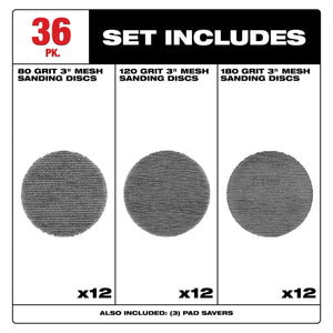 Milwaukee 48-80-6406 3" Assorted 12EA of 80, 120,& 180 Grit Mesh Sanding Discs