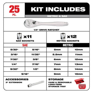 Milwaukee 48-22-9044 1/4" Drive SAE/MET Ratchet & Socket Mechanics Tool Set 25PC