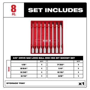 Milwaukee 48-22-9549 3/8" Drive SAE Long Ball End Hex Bit Socket Set 8pc
