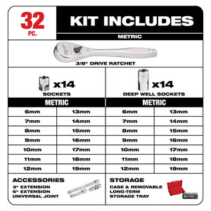 Milwaukee 48-22-9508 3/8" Drive 32pc Ratchet & Socket Set - Metric