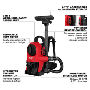 Milwaukee 0895-20 M18FUEL 18VL HEPA Multisurface 1 Gal. Cordless Backpack Vacuum