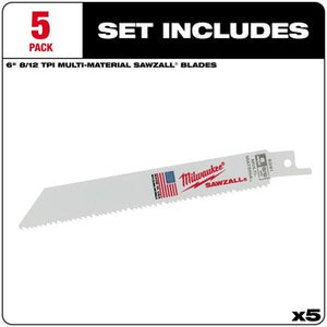 Milwaukee 48-00-5091 5PC 6" 8/12 TPI Sawzall Blades