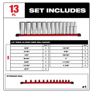 Milwaukee 48-22-9424 1/2" Drive SAE 12-Point Deep Well Socket Set 13PC