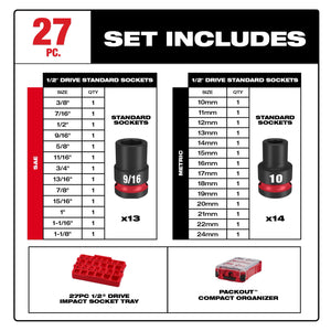 Milwaukee 49-66-6804 27PC Socket 1/2” Drive MM & SAE Set