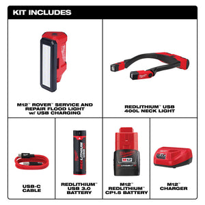 Milwaukee 2367-21NECK M12 ROVER Flood Light & USB Neck Light Kit (Open Box)