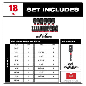 Milwaukee 49-66-7093 18PC SHOCKWAVE 1/2" Drive SAE Deep Well 6pt Impact Sockets