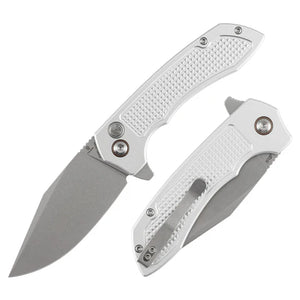 Tenable Knives Entity Button Lock Knife Silver Checkered Aluminum (3.5" SW)